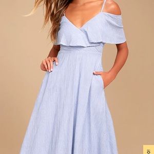 Lulu’s Yacht Rock Blue and White Striped Off-the-Shoulder Midi Dress - small
